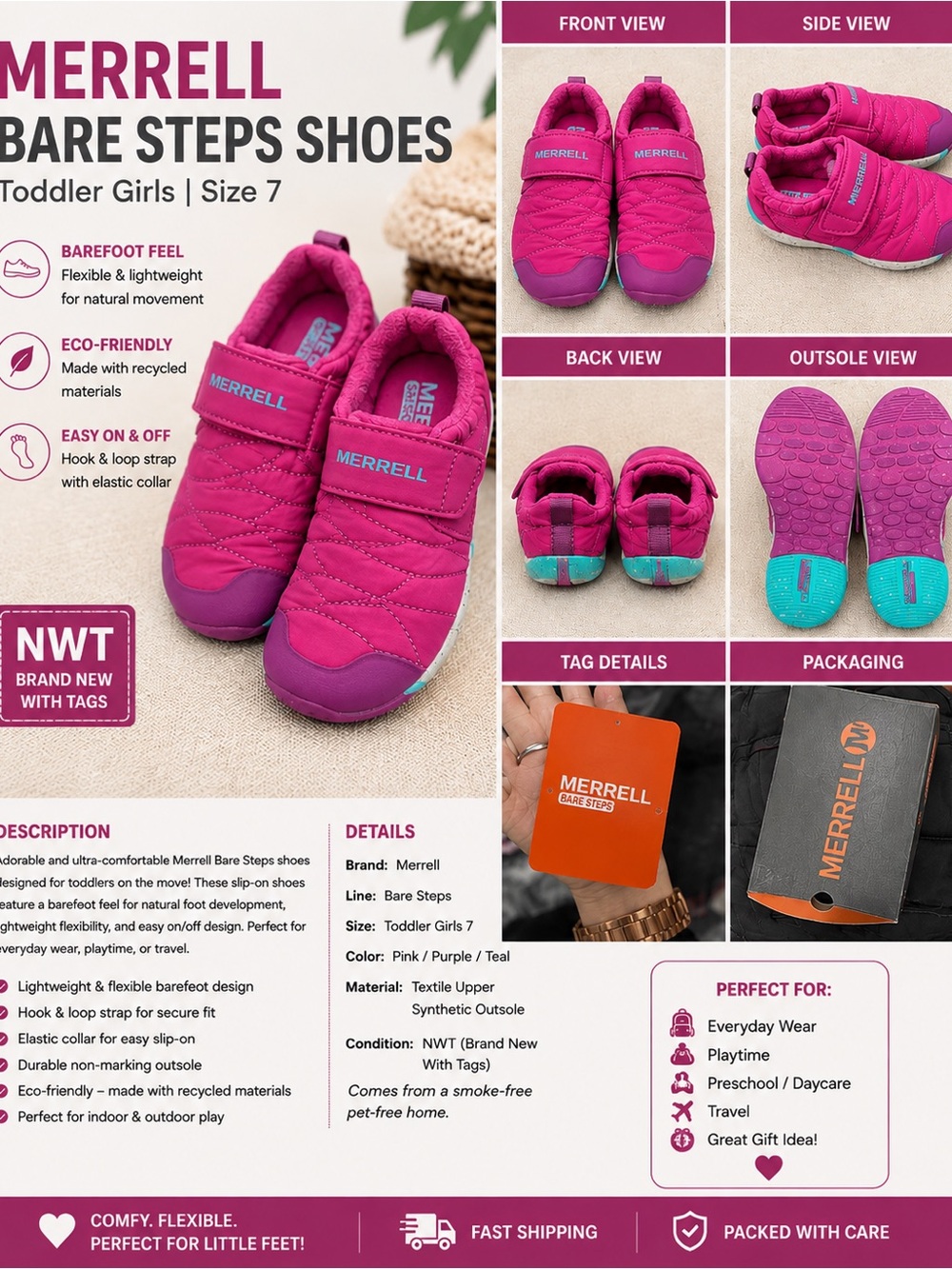 Merrell Toddler Slip-On Bare Steps Shoes - Pink & Teal